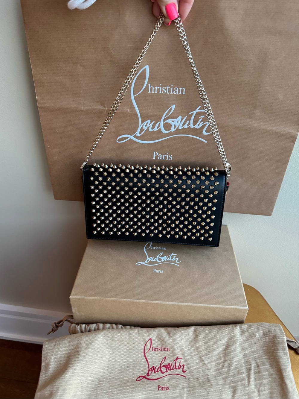Christian Louboutin Paloma Clutch Crossbody Bag with chain, calf leather, spikes